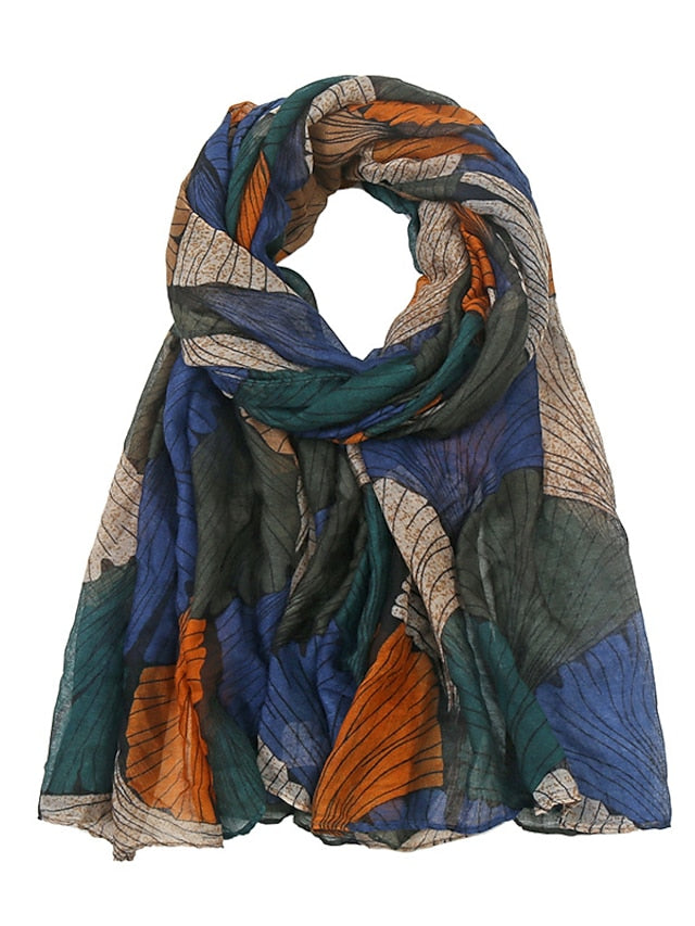 Retro Plant Print Scarves Women Ginkgo Leaf Printing Shawl And Wraps Laday Foulard Flower Hijab Long Style Scarf for Women