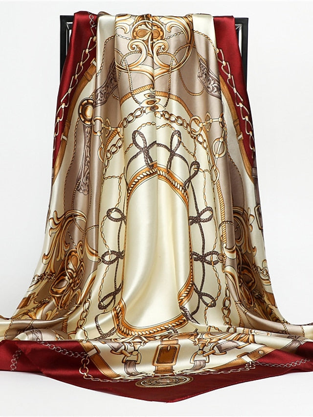 1pcs 90*90cm Fashion Chain Print Scarves Women Shawl Satin Hijab Female Bandana Square Ladies Foulard Wrap Pareo Headcloth for Women