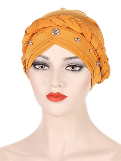 Multiple Colors Choice with Beads Women Muslim Braid Head Turban Wrap Cover Islamic Arab Cap Fashion Hair Loss Bonnet Beanies for Women