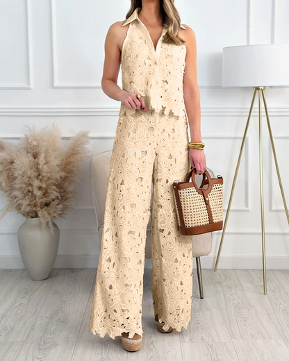Hollow V-Neck Straight Pants Suit