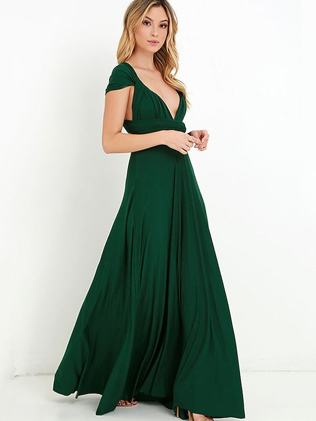 A-Line Bridesmaid Dress Halter / V Neck Sleeveless Convertible Floor Length Spandex with Sash / Ribbon / Pleats 2022