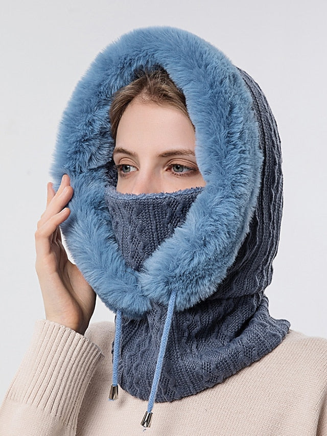 High Quality Winter Fur Cap Mask Set Hooded for Women Knitted Cashmere Neck Warm Outdoor Ski Windproof Hat Thick Plush Fluffy Beanies for Women
