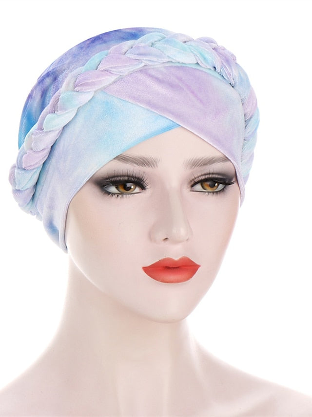 India Tie Dye Turban Cap Muslim Women Hijab Hair Care Hat Braid Headscarf Beanie Bonnet Islamic Headwear Wrap Hair Loss Cover for Women