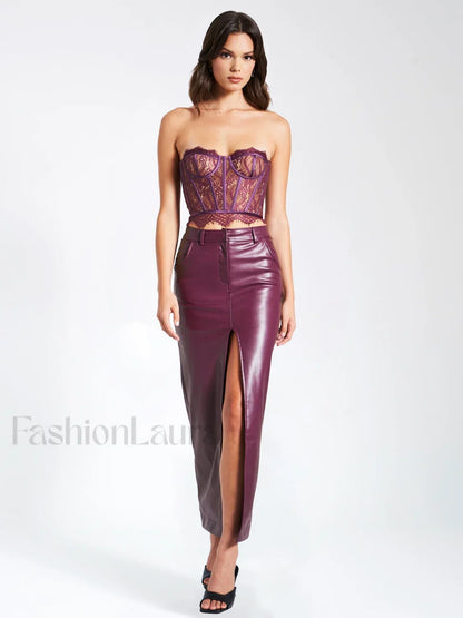 Noya Purple Front Charming Slit Vegan Leather Skirt