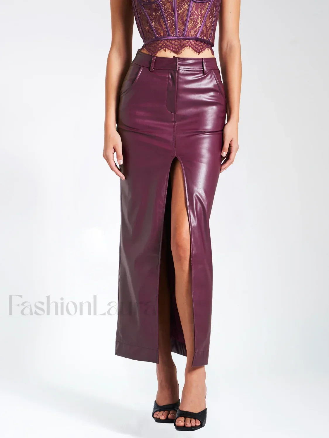 Noya Purple Front Charming Slit Vegan Leather Skirt