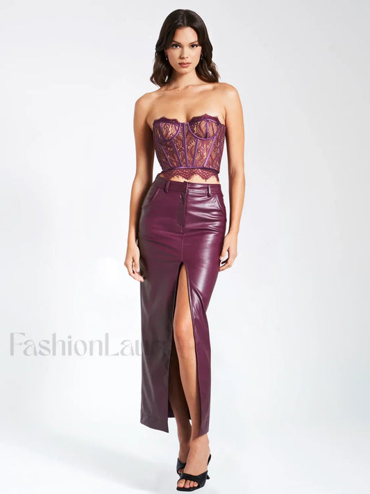 Noya Purple Front Charming Slit Vegan Leather Skirt