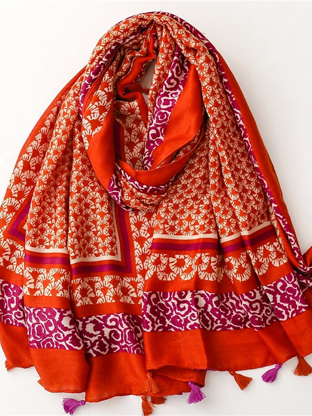 Fashion Women Scarf Print Hijab Flower Tassel Shawls and Wraps Long Style Female Boho Bandana for Women
