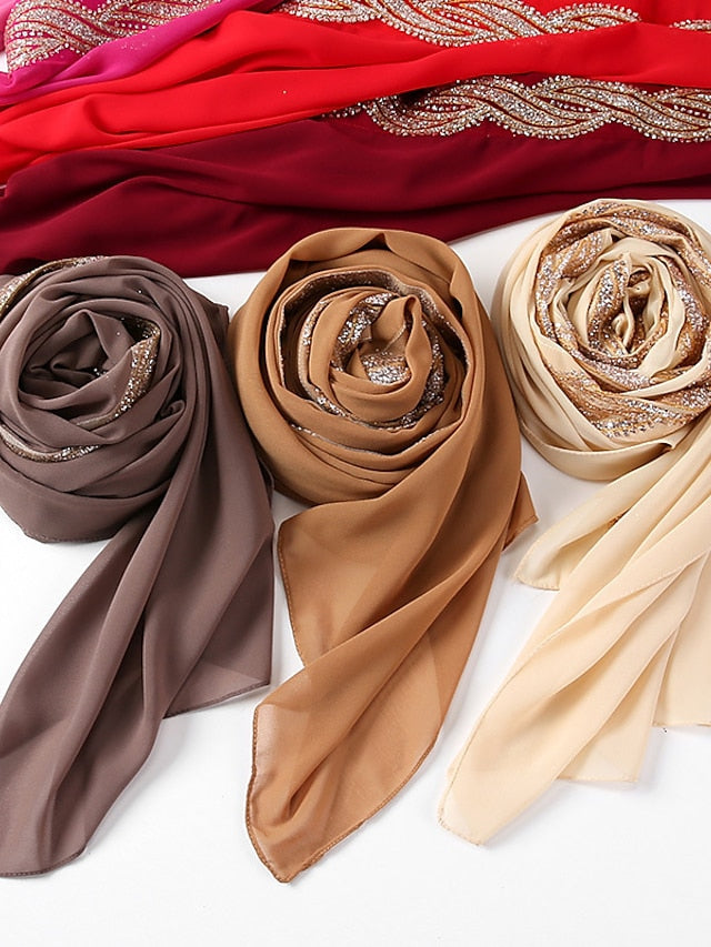 New Muslim Chiffon Hijab for Women Scarf with Sequins Femme Islam Glitter Headscarf Islamic Hijab Shawls Wraps for Women