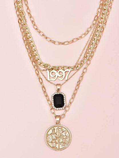 Number & Roman Coin Charm Layered Necklace for Women