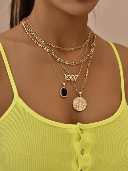 Number & Roman Coin Charm Layered Necklace for Women