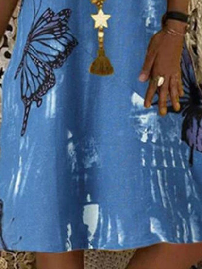 A Line Dress Knee Length Dress Blue Short Sleeve Butterfly Ruched Summer Spring V Neck Elegant  S M L XL XXL 3XL for Women