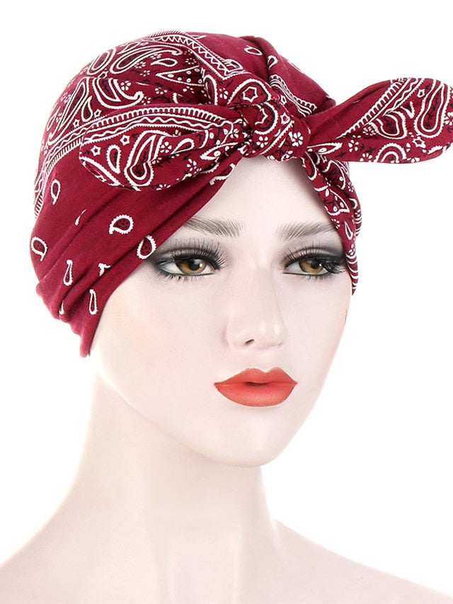 6 Colors New Fashion Bandanas Women Print Knotted Twist Turban Hat Twist Hijab Bonnet Cap India Hat Rabbit Ear Headband Muslim Hijab for Women
