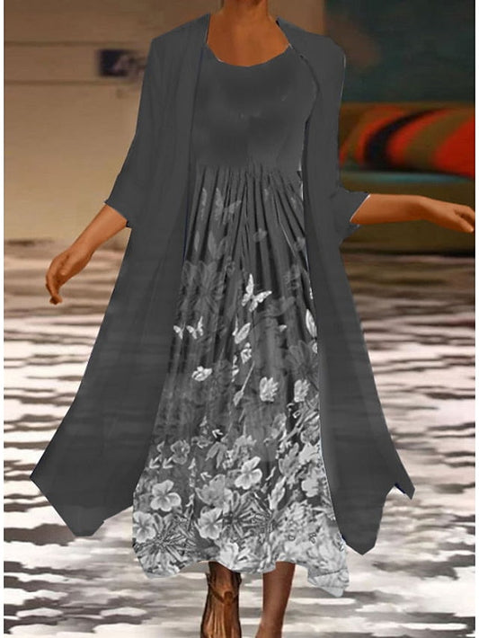 A Line Dress Long Dress Maxi Dress Gray Half Sleeve Print Print Summer Spring Crew Neck Casual  S M L XL XXL 3XL for Women