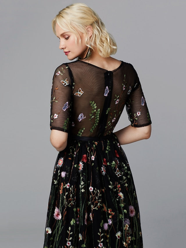 A-Line Floral Dress Holiday Tea Length Half Sleeve Illusion Neck Lace with Embroidery Appliques 2023