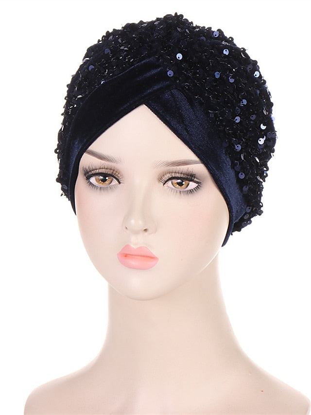 Velvet Sequins Turban Caps For Women Muslim Headscraf Bonnet Femme Musulman Islamic Head Wraps African Indian Hat Protective Hair Cover for Women