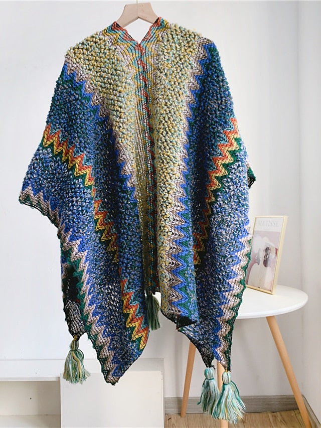 Women Autumn Winter New Colorful Thick Ponchos Knitted Ladies Cloak Warm Fashion Scarves & Wraps Holiday Travel Ethnic Covers for Women
