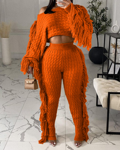 Knitted Long-Sleeved Tassel Suit