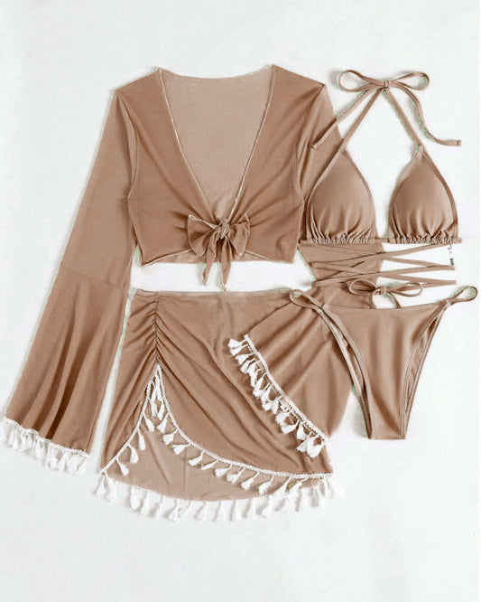 Tassel Cover-up Mesh Miniskirt Bikini