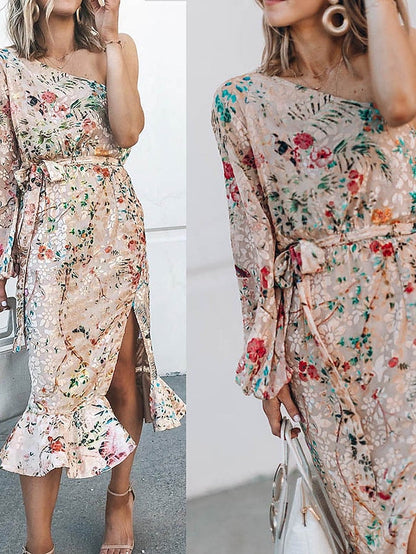 A Line Dress Midi Dress Beige Long Sleeve Floral Ruffle Winter Fall Autumn One Shoulder Vacation Winter Dress Fall Dress Spring Dress Loose Fit  S M L XL for Women