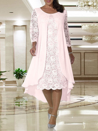 A-Line Mother of the Bride Dress Plus Size Elegant Jewel Neck Knee Length Chiffon Lace Long Sleeve with Lace 2023