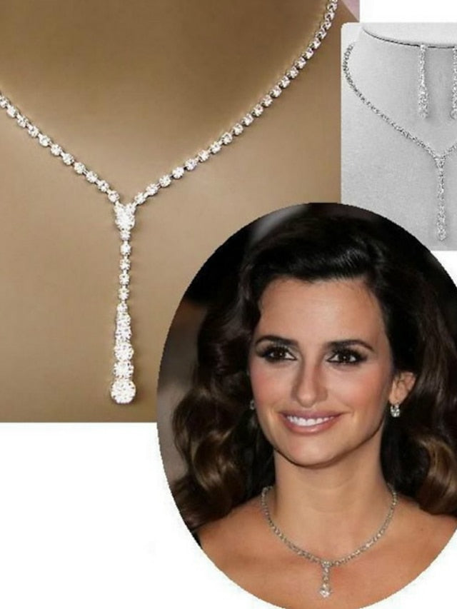 3pcs Bride Jewelry Set Silver Crystal Wedding Necklace Earrings Bridal Rhinestone Teardrop Pendant Accessories for Women and Bridesmaids (3 piece set - 2 earrings and 1 necklace) for Women