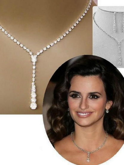 3pcs Bride Jewelry Set Silver Crystal Wedding Necklace Earrings Bridal Rhinestone Teardrop Pendant Accessories for Women and Bridesmaids (3 piece set - 2 earrings and 1 necklace) for Women