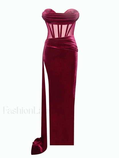 Octavia Burgundy Draping Crystal Graceful Corset High Slit Velvet Gown