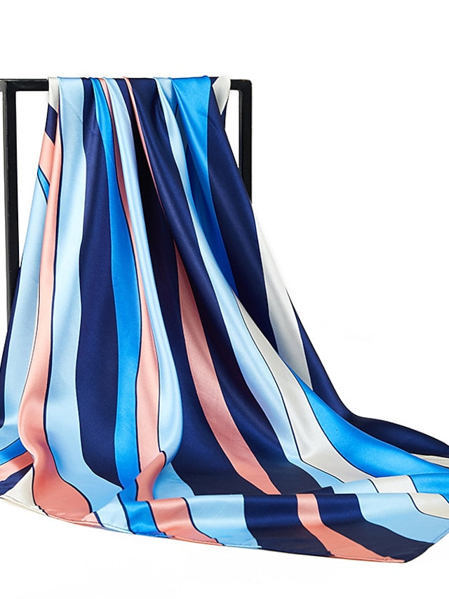 90*90cm Square Silk Scarf Women Shawls Neckerchief Stripe Print Hijab Scarf Lady Neck Scarves Soft Big Bandana for Women