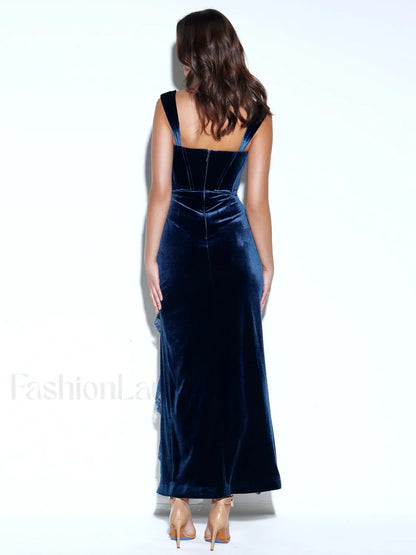 Odilia Teal Lace Charming Velvet Maxi Dress