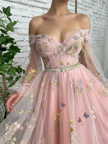 A-Line Prom Dresses Floral Dress Wedding Guest Ankle Length Long Sleeve Off Shoulder Lace with Embroidery Appliques 2023
