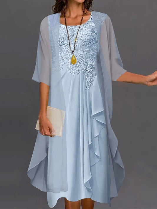 A Line Dress Knee Length Dress Blue Purple Pink Half Sleeve Floral Pure Color Ruched Mesh Fall Spring Crew Neck Elegant Casual Classic  S M L XL XXL 3XL for Women