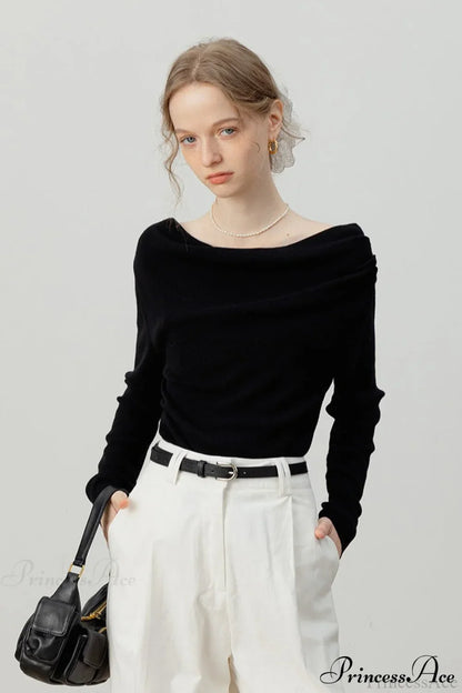 Off-Shoulder Draped Collar Waist-Cinched Knit Top