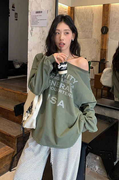 Off-Shoulder Graphic Letter Relaxed Sweatshirt