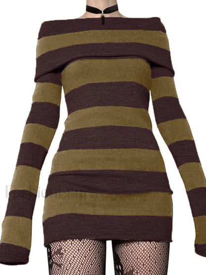 Off Shoulder Long Sleeve Striped Knit Mini Dress