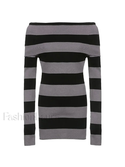 Off Shoulder Long Sleeve Striped Knit Mini Dress