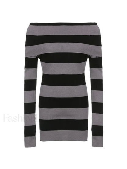 Off Shoulder Long Sleeve Striped Knit Mini Dress