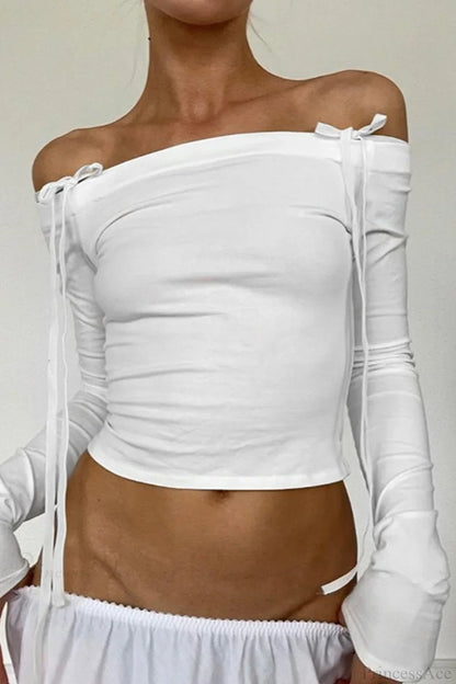 Off-the-Shoulder Tie Detail Fitted Long Sleeve Tee