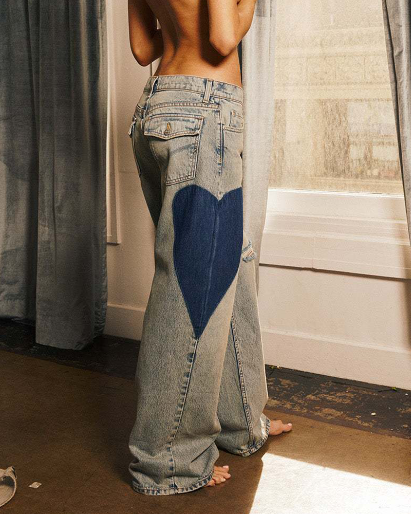 Heart-Print Straight-Leg Panelled Denim Trousers