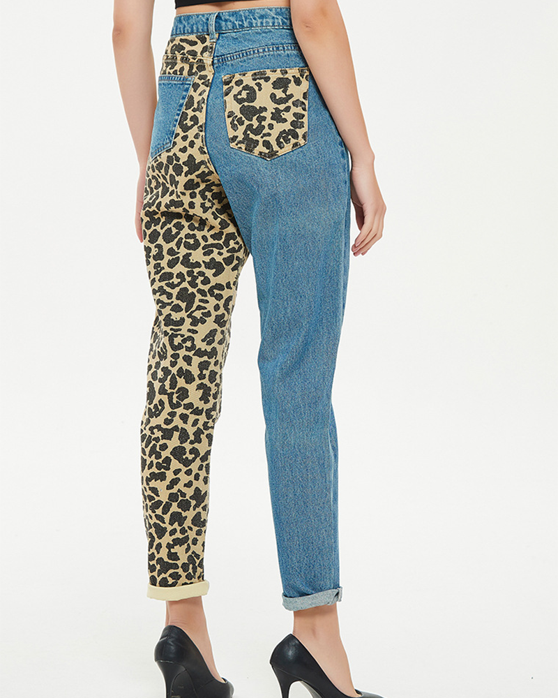 Straight-Leg Leopard Print Jeans