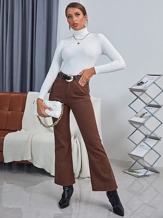 3 pieces Women's Pullover Sweater Jumper Ribbed Knit Knitted Thin Solid Color Turtleneck Basic Casual Daily Winter Fall Black White Gray Brown