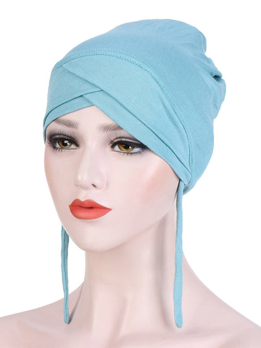 Muslim with Rope Scarf Hat Women Turban Soft Chemo Cap Hair Loss Islamic Headwrap Head Cover Wrap Caps Headwear Dubai Arab Bonnet New for Women