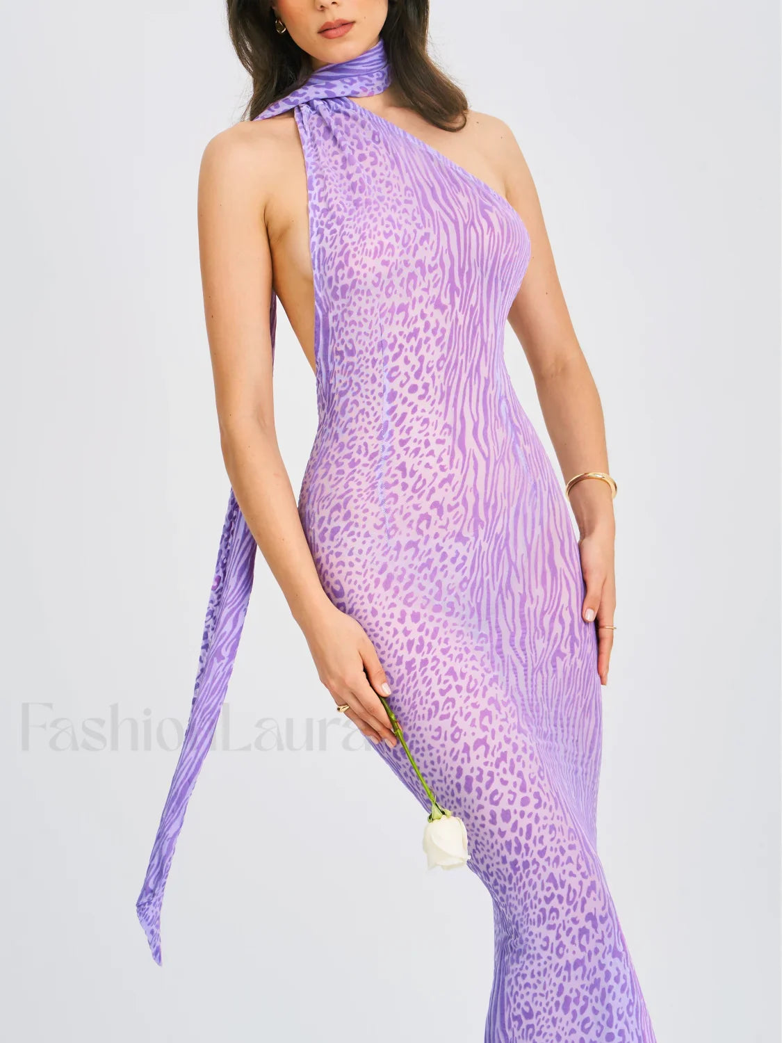 Olena Purple Burnout Velvet Animal Trendy Print Mesh Halter Neck Maxi Dress