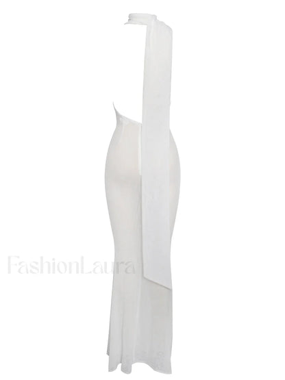 Olena White Burnout Velvet Animal Trendy Print Mesh Halter Neck Maxi Dress