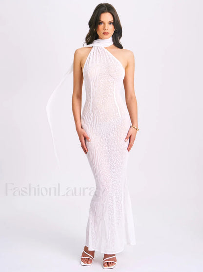 Olena White Burnout Velvet Animal Trendy Print Mesh Halter Neck Maxi Dress