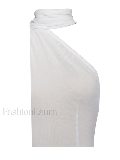 Olena White Burnout Velvet Animal Trendy Print Mesh Halter Neck Maxi Dress