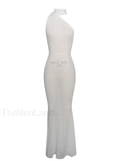Olena White Burnout Velvet Animal Trendy Print Mesh Halter Neck Maxi Dress