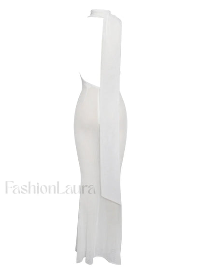 Olena White Burnout Velvet Animal Trendy Print Mesh Halter Neck Maxi Dress