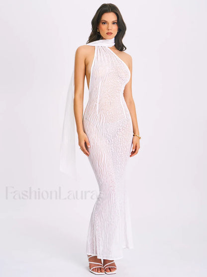 Olena White Burnout Velvet Animal Trendy Print Mesh Halter Neck Maxi Dress