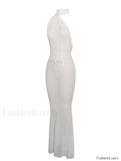 Olena White Burnout Velvet Animal Trendy Print Mesh Halter Neck Maxi Dress