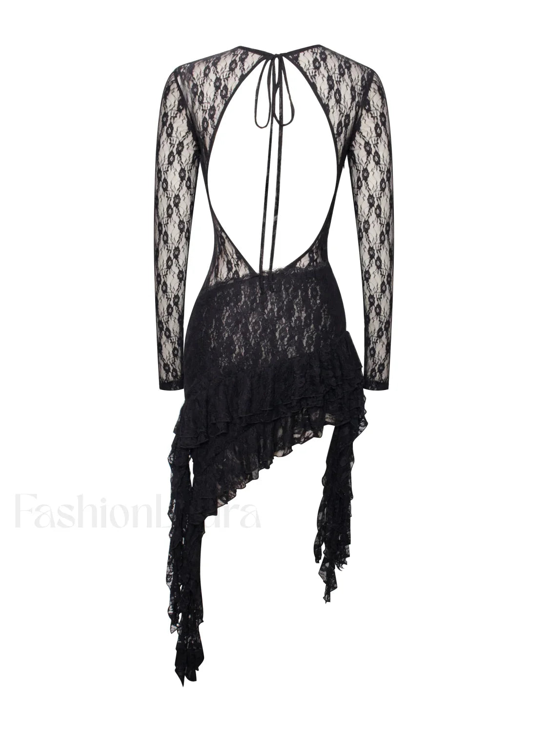 Omaira Black Lace Charming Long Sleeve Ruffle Dress